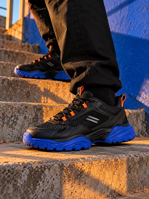 Schwarze Sneaker mit blauer Sohle und orangefarbenen Schnürdetails auf urbanen Betontreppen. Der Bildausschnitt zeigt nur Schuhe und Beine.
